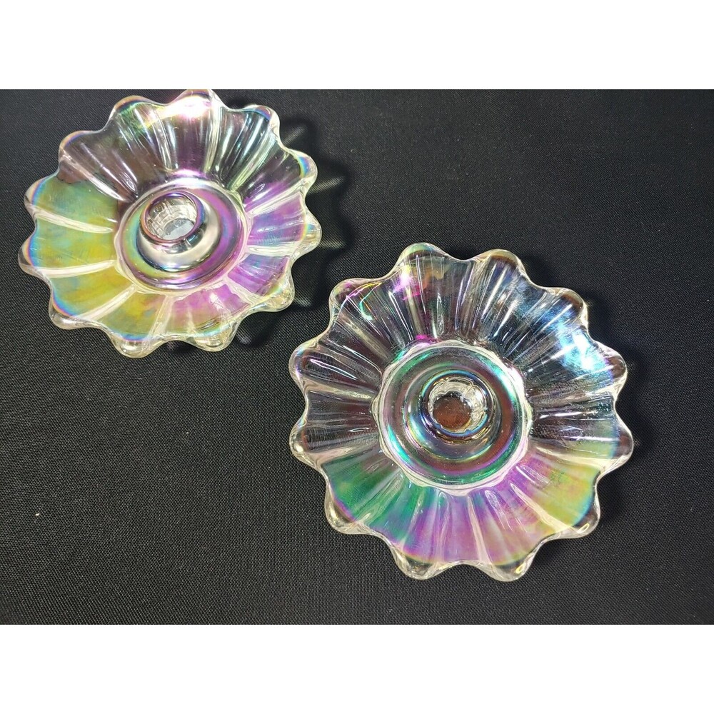 Vintage Iridescent Federal Glass Flower Candle Holder Set